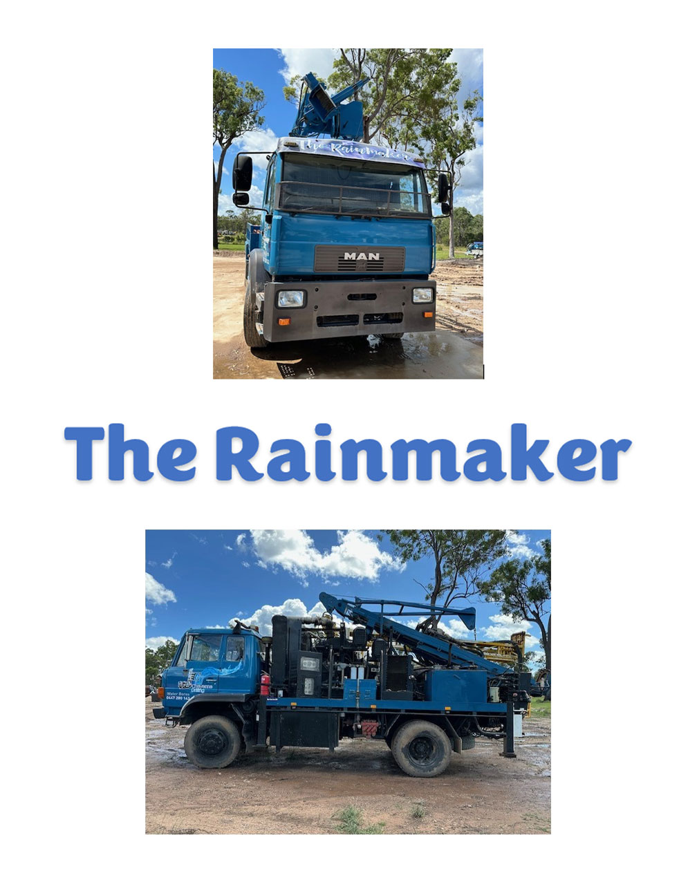 A Blue Man Truck Equipped with A Large Crane Labeled "the Rainmaker" Parked on A Dusty Area with Sparse Vegetation and Cloudy Skies Above — Bore Drilling in Bundaberg, QLD